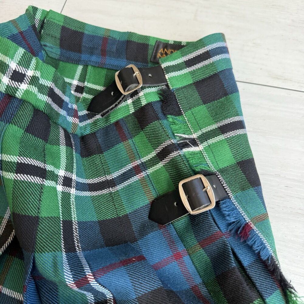VTG Anderson Innes Scotland Wool Tartan Kilt Youth Green Plaid Adjustable Waist - Picture 5 of 10